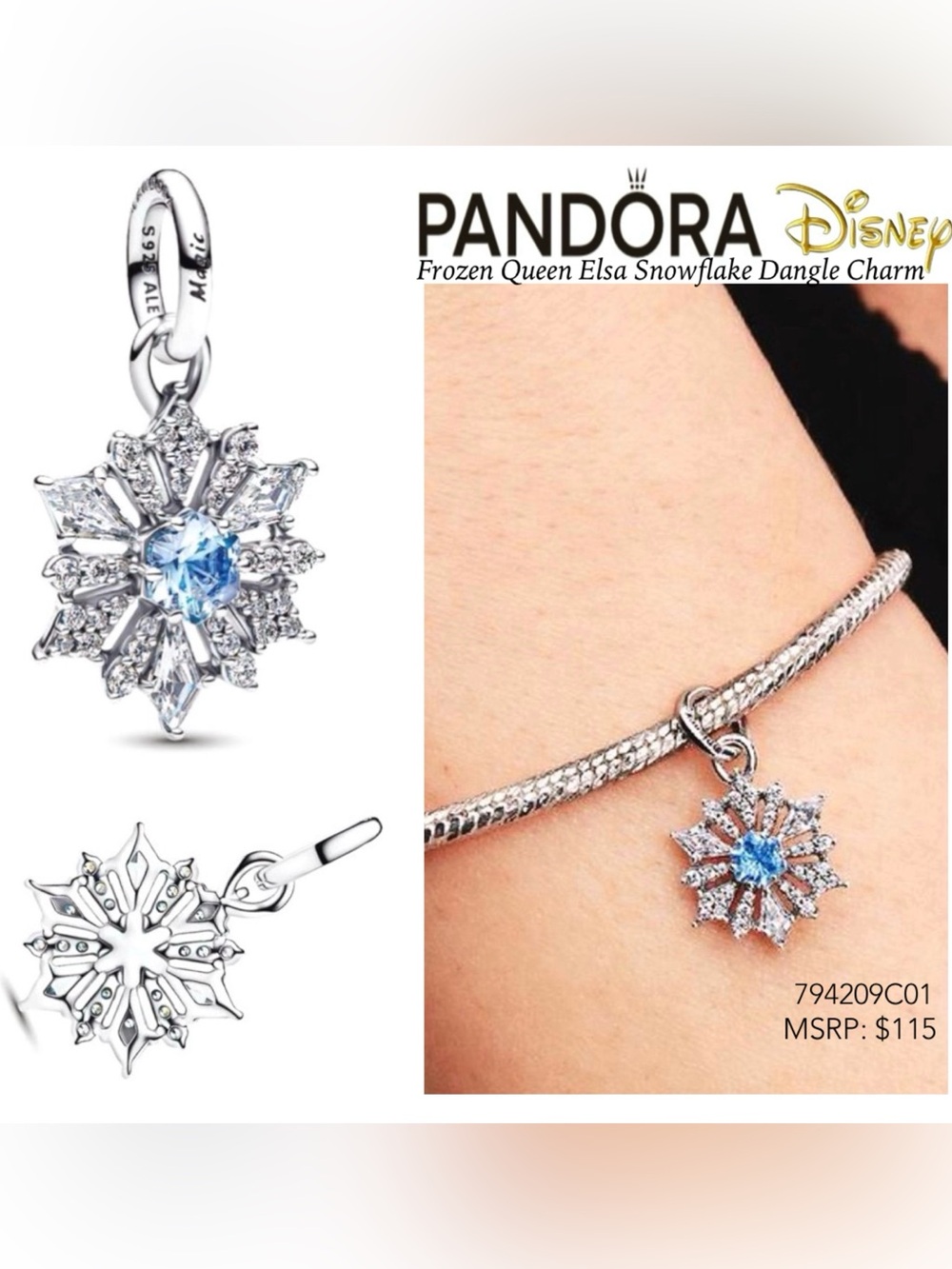 PANDORA Disney Frozen Queen Elsa Snowflake Dangle Charm w/box